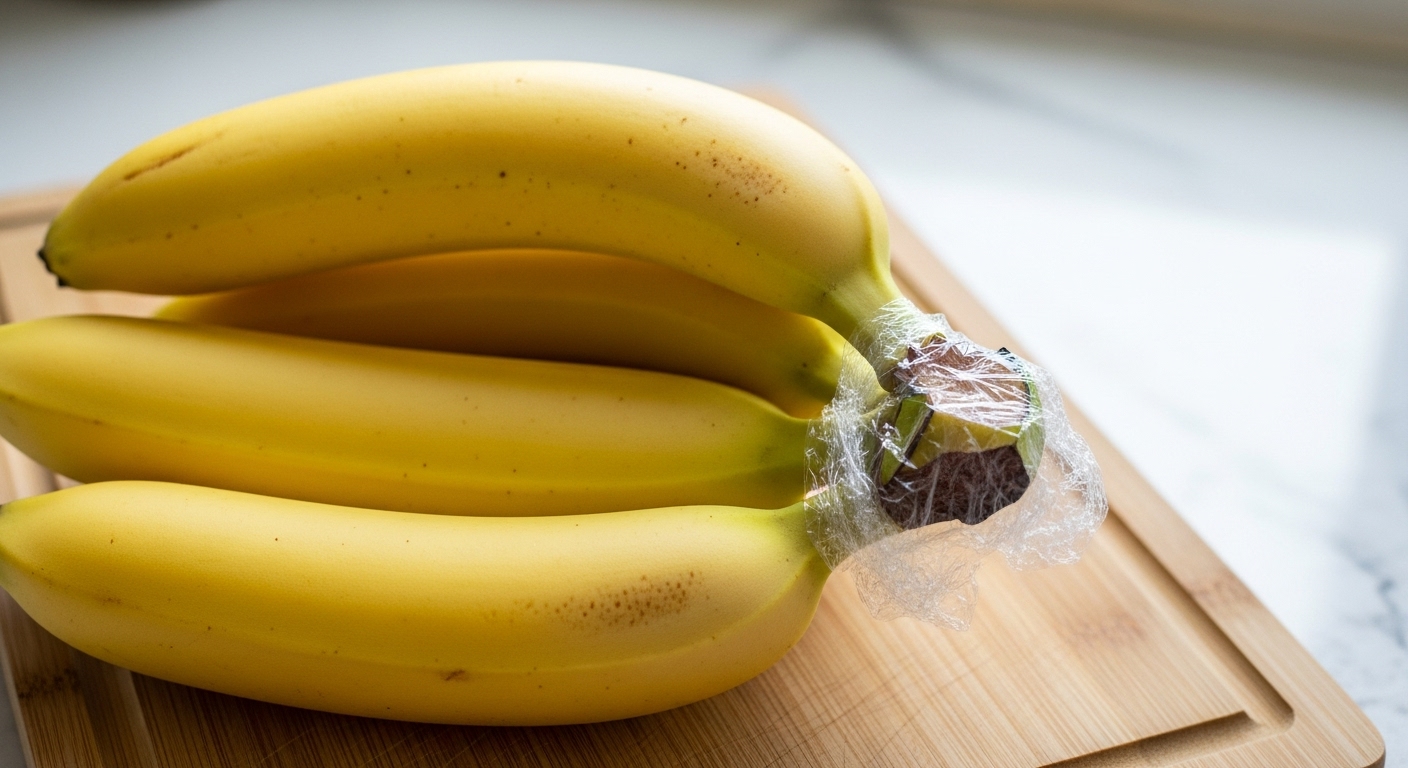 바나나 줄기 부분을 투명 랩으로 단단히 감싸 에틸렌 가스 배출을 차단하는 모습. 바나나의 신선도를 오래 유지하는 과학적인 보관법.