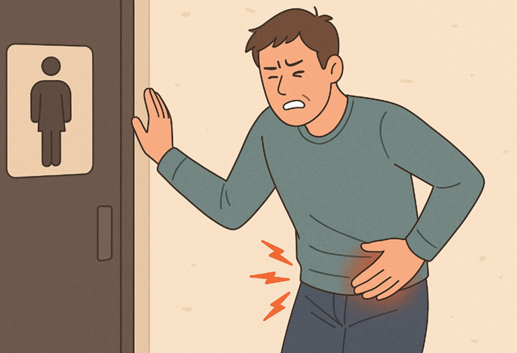 화장실 앞에서 골반통증을 느끼는 남자