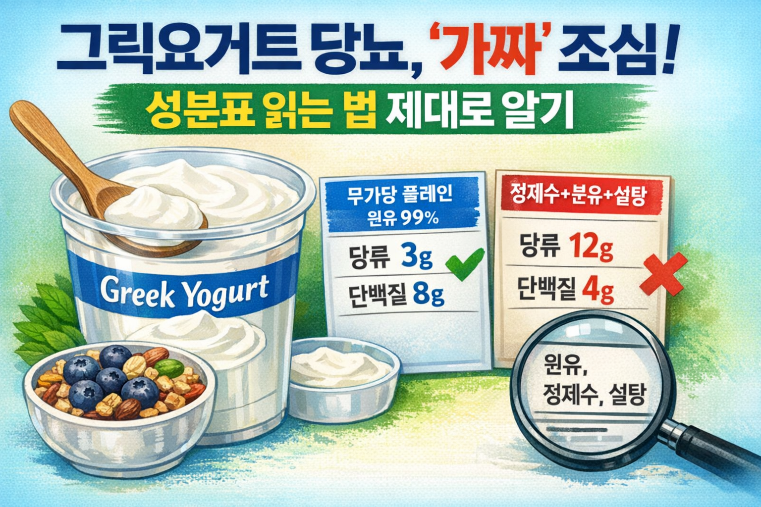 그릭요거트와 영양성분 비교표가 함께 보이는 이미지로, 당뇨 관점에서 무가당 플레인과 가당 제품의 차이를 설명하는 썸네일