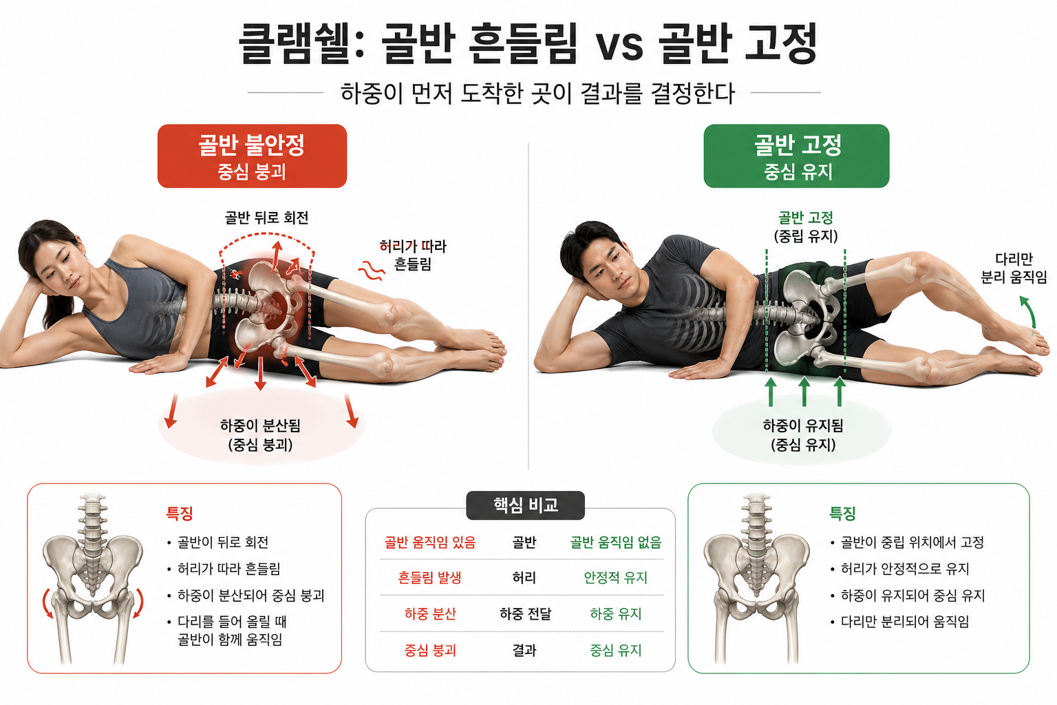 &ldquo;클램쉘: 골반 흔들림 vs 골반 고정&rdquo;