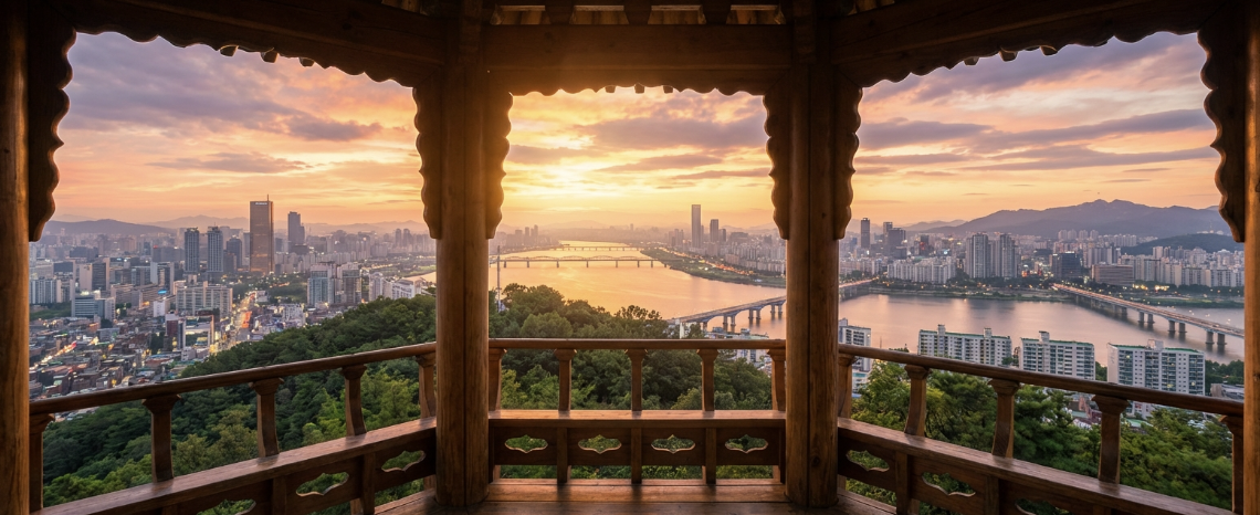 응봉산 팔각정에서 한강, 다리, 서울 도심이 파노라마처럼 펼쳐진 활기찬 일출 풍경
