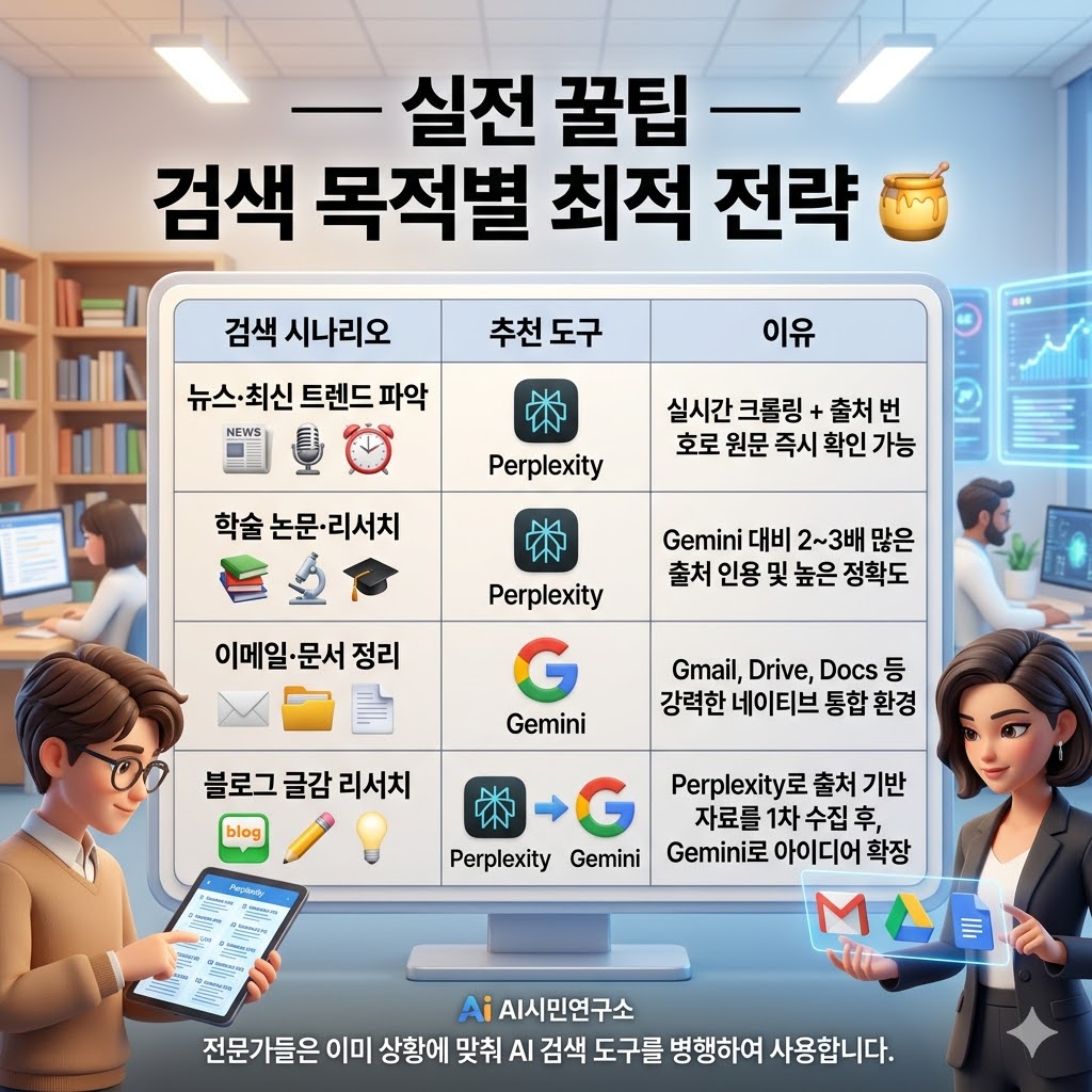 실전 꿀팁 &mdash; 검색 목적별 최적 전략 (Gemini vs Perplexity)