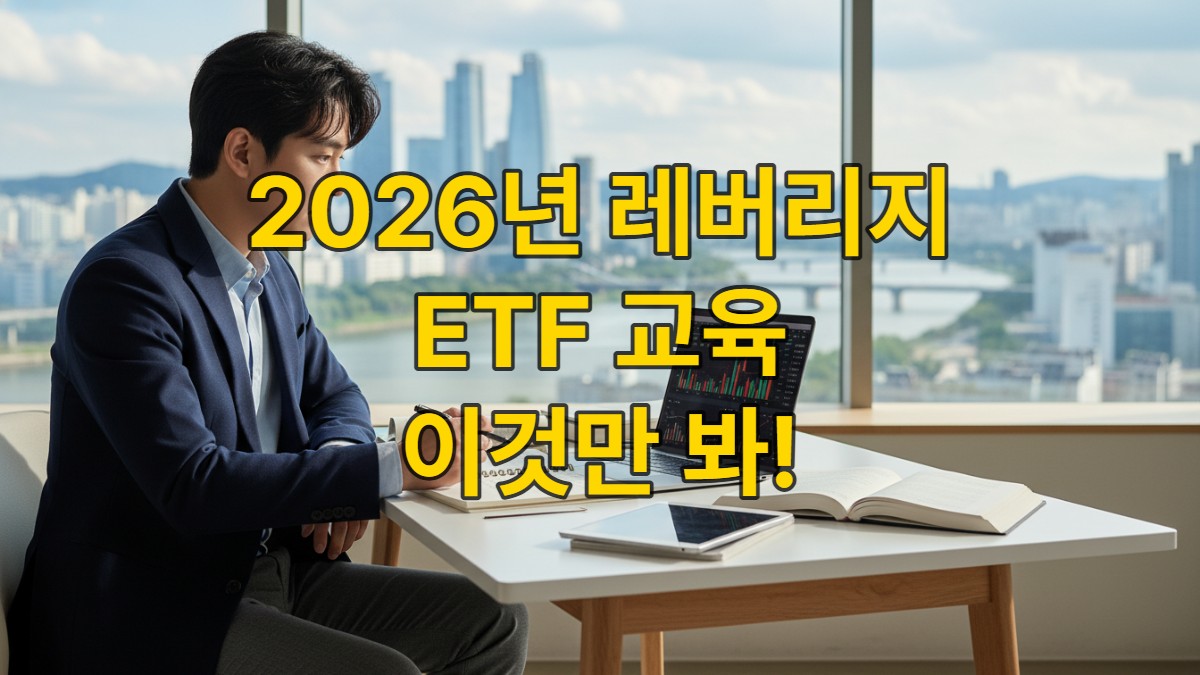 2026년, 책상에 앉아 노트북으로 국내외 레버리지 ETF 교육을 이수하며 투자 공부에 집중하는 한국인 남성의 모습. 금융 학습과 자기계발을 상징합니다.