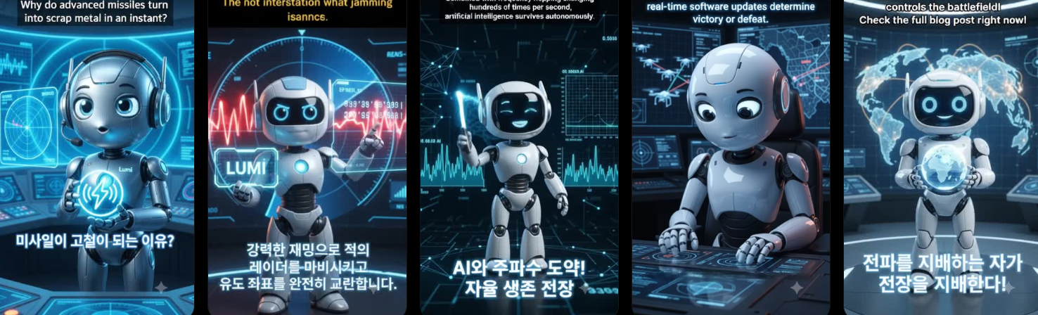 "로봇 에디터 루미가 홀로그램 지구본을 들고 활기차게 손을 흔드는 모습"