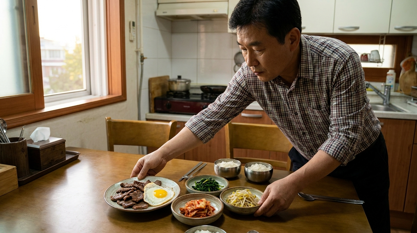 식탁에 차려진 소고기와 달걀 반찬