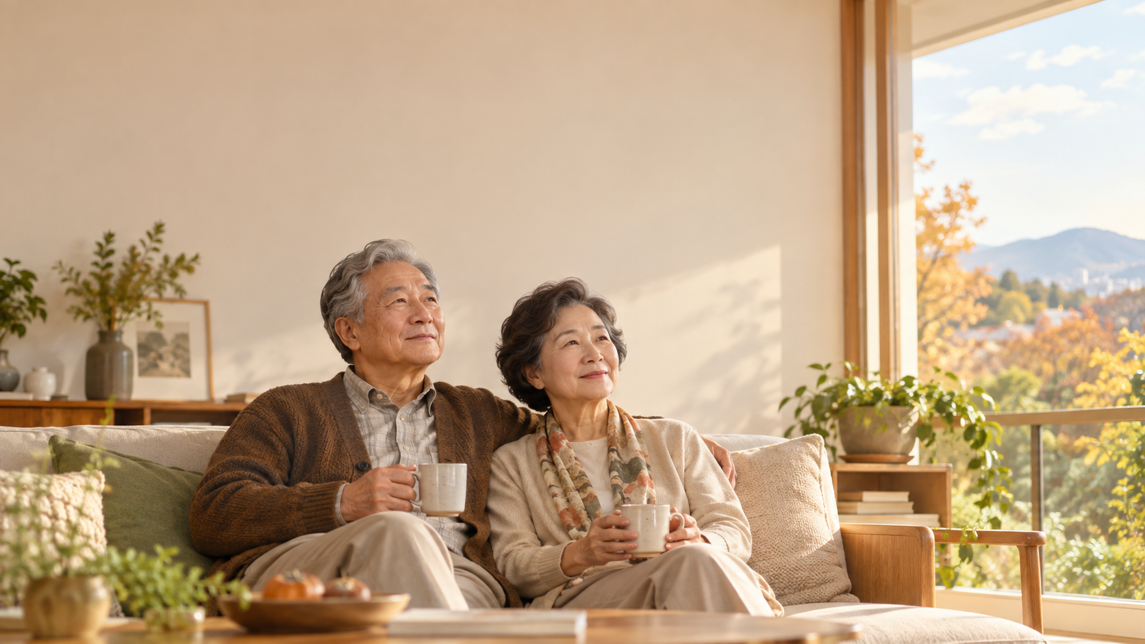 창가에 앉아 지난 삶을 돌아보면서도 희망찬 표정을 짓는 70대 부부