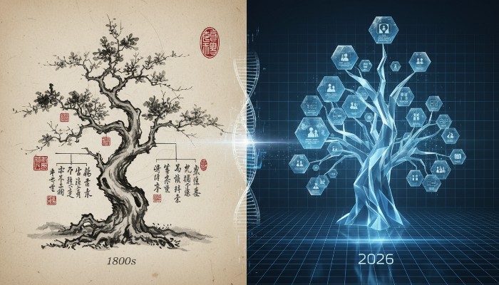 전통과 현대가 결합된 가문의 계보와 뿌리를 상징하는 그래픽 일러스트