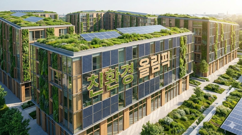 지속 가능한 친환경 올림픽 선수촌 건축 디자인 이미지