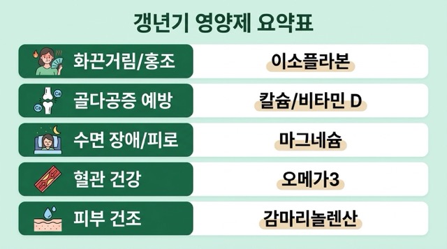 갱년기 영양제 핵심 요약표 이미지