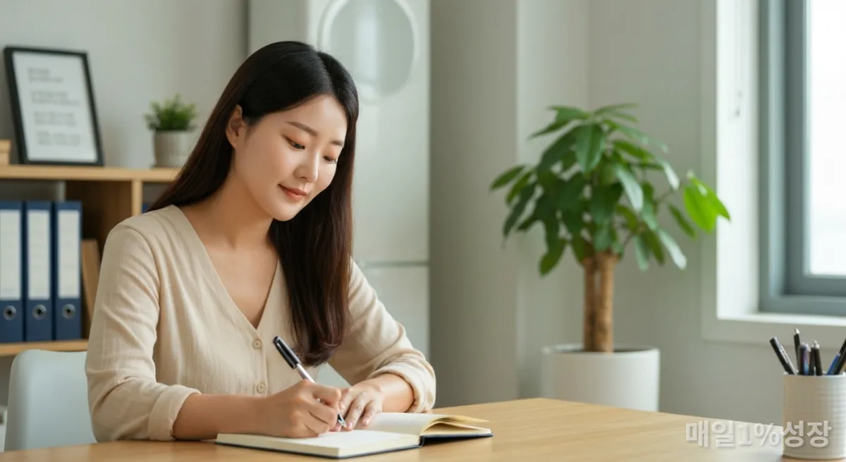 홈 오피스에서 저널에 글을 쓰며 자신과 대화하는 젊은 한국 여성