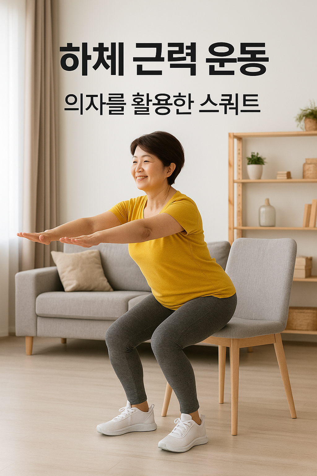 의자 앞에서 천천히 앉았다 일어서며 하체 근력 운동 스쿼트 하는 여성