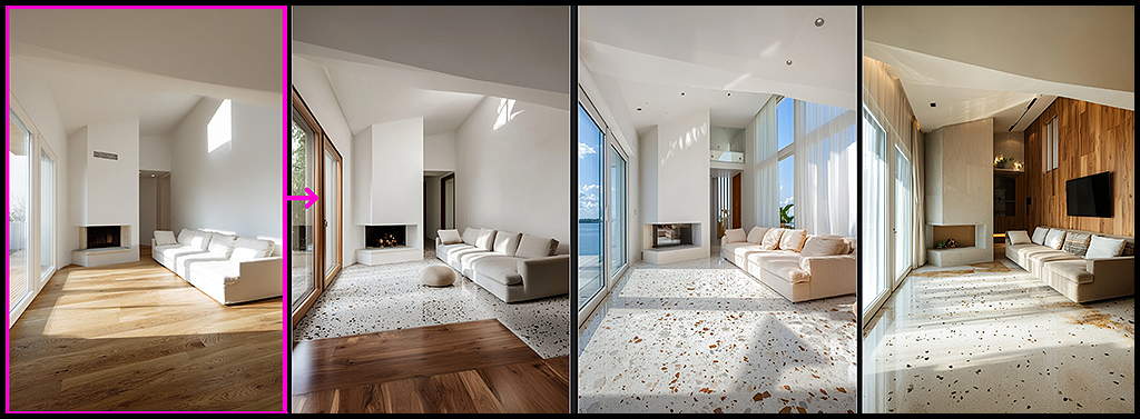 Midjourney Retexture, 거실 바닥을 테라조 타일로 변환한 모던한 분위기 예시_Midjourney