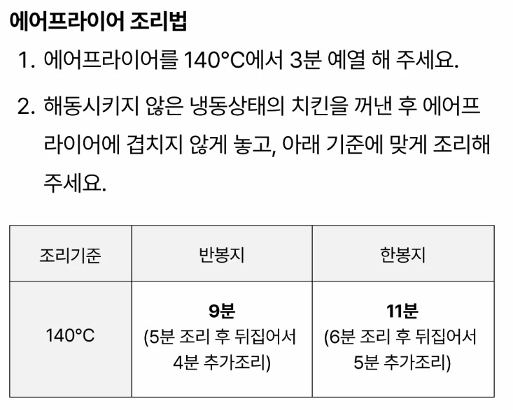 고메 소바바 치킨 에어프라이기 상세 조리법