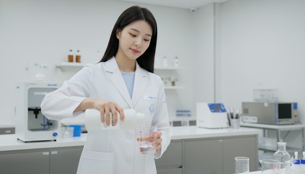 청결한 연구실에서 여성 연구원이 M1000 용기에 담긴 액체를 계량컵에 정밀하게 따르고 있습니다. &quot;sPlastic m-Series M1000 Professional Disinfectant&quot; 라벨이 붙어 있어, 소독수 등 정밀한 양 조절이 필요한 분야에서의 활용성을 보여줍니다. (M1000 용기가 소독수 업체에서 정량 사용되는 모습을 통해, 정밀성과 안전성을 강조합니다.