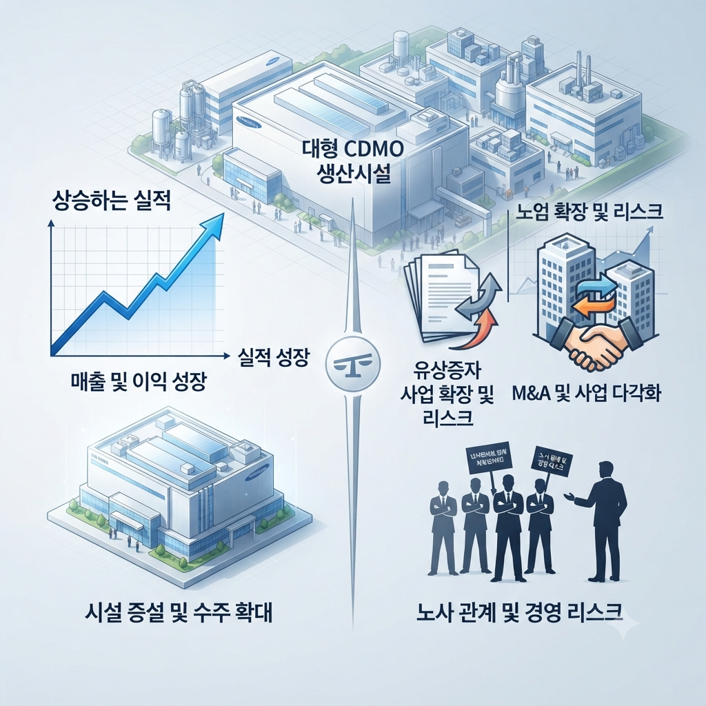 삼성바이오로직스의 호실적과 유상증자&middot;M&amp;A&middot;노조 변수를 함께 보여주는 금융 분석 이미지