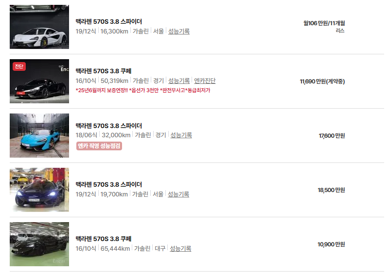 맥라렌 570S 중고차 가격 시세표 연비