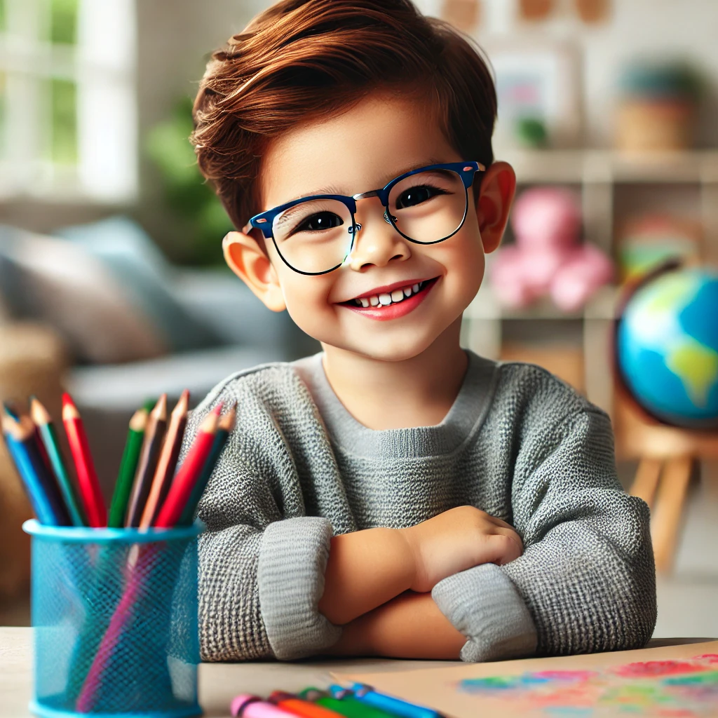 DALL·E 2025-03-17 14.30.37 - A young child wearing glasses, smiling brightly while sitting at a table with colorful books and crayons. The child looks curious and happy.webp