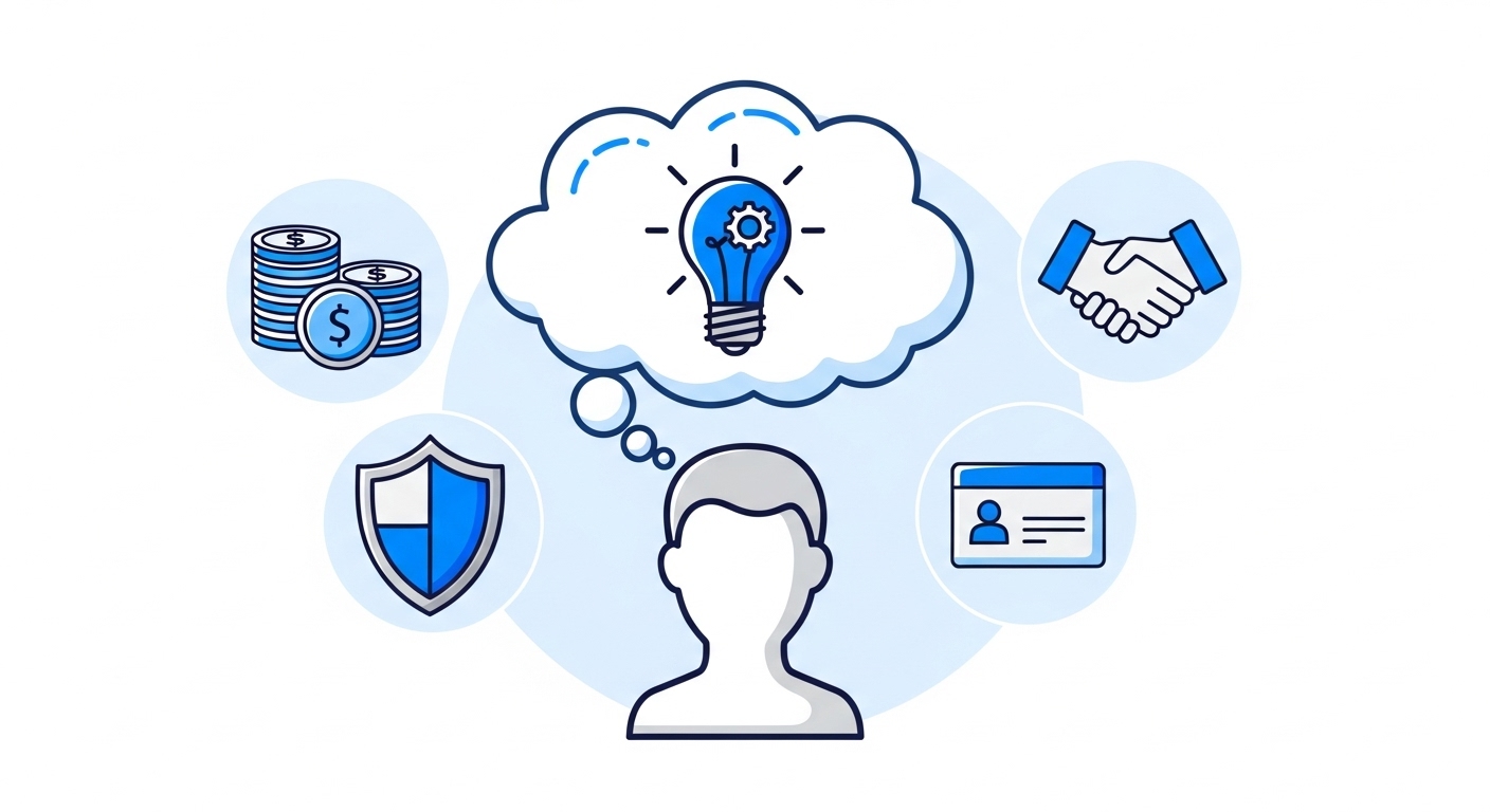 사업자 등록의 혜택을 시각적으로 나타낸 이미지. 전문성, 세금 혜택, 법적 보호를 상징하는 아이콘들이 있습니다.