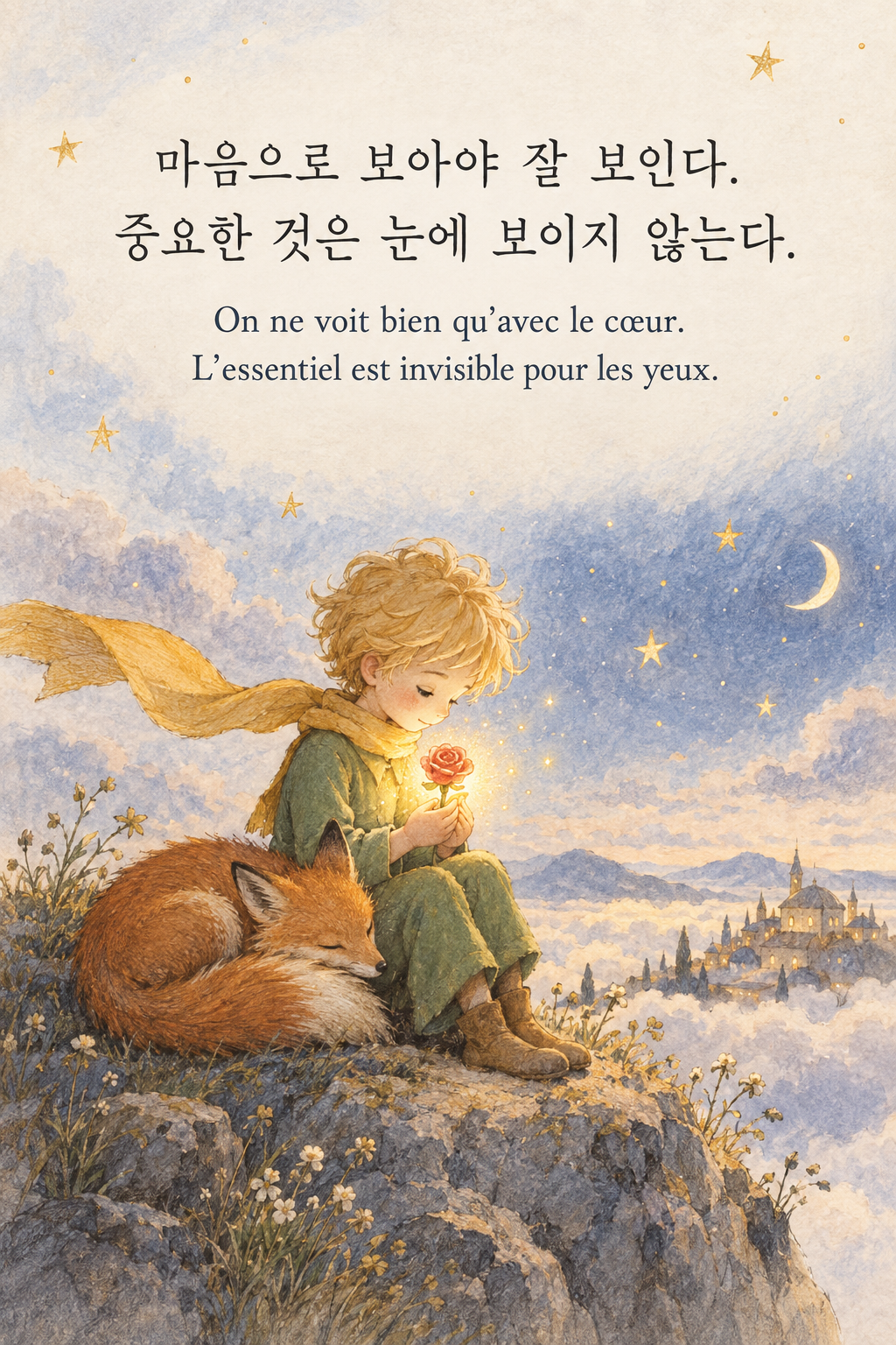 마음으로 보아야 잘 보인다. 중요한 것은 눈에 보이지 않는다. 프랑스어 원문과 함께 담은 어린 왕자 그림 이미지