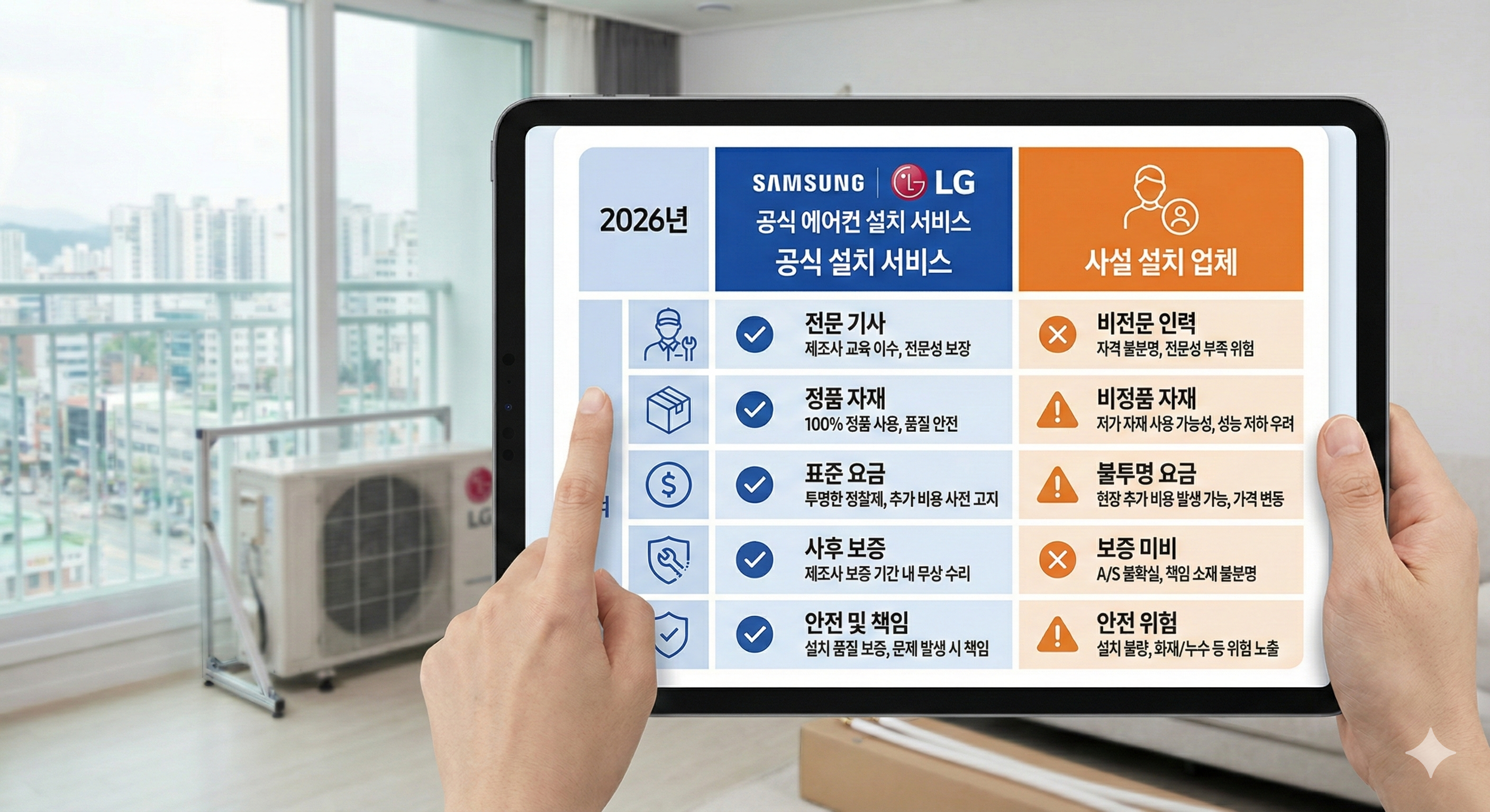 삼성 LG 공식 에어컨 설치 서비스와 일반 사설 설치 업체의 장단점 비교 차트