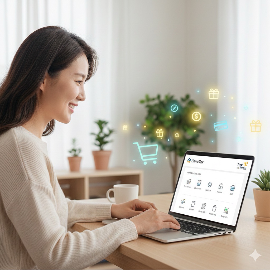 홈택스 세금포인트를 활용하여 동반성장몰에서 중소기업 제품을 할인받아 구매하며 만족스러운 표정을 짓는 여성.