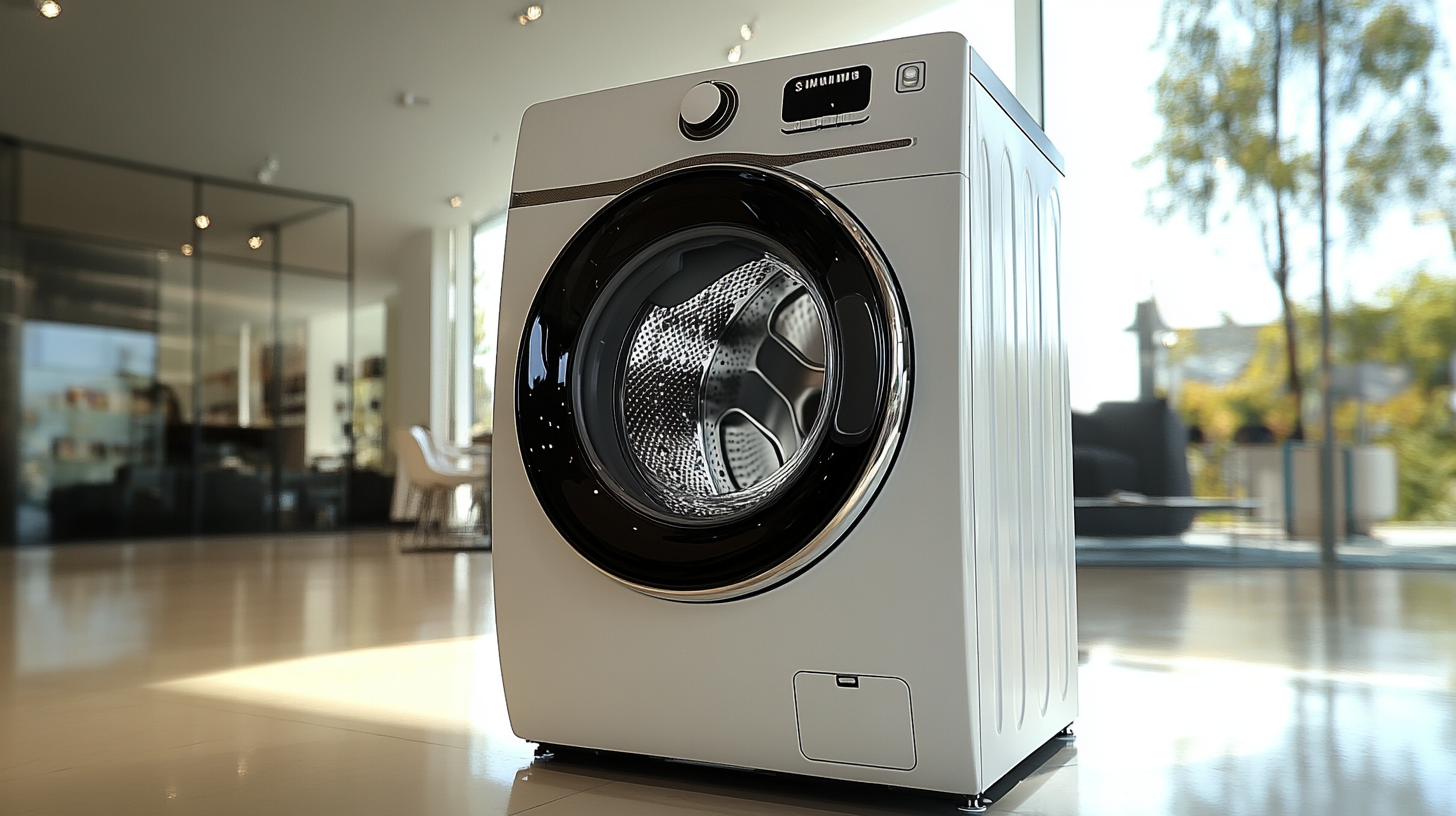 밝은 조명 아래 전시된 삼성 WF24D20CVVC 세탁기, 대형 드럼 용량과 우아한 디자인이 돋보입니다.