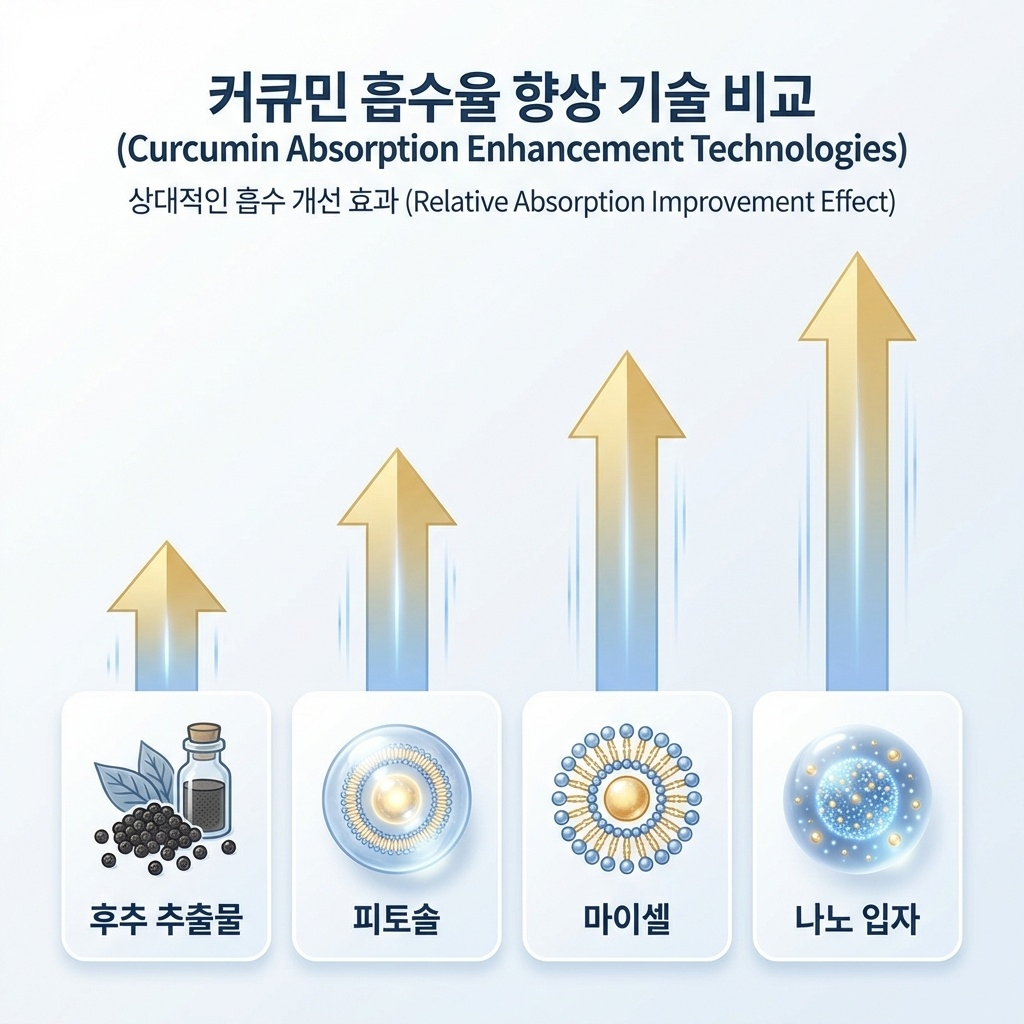 커큐민 형태별 흡수 개선 기술 비교 개념도
