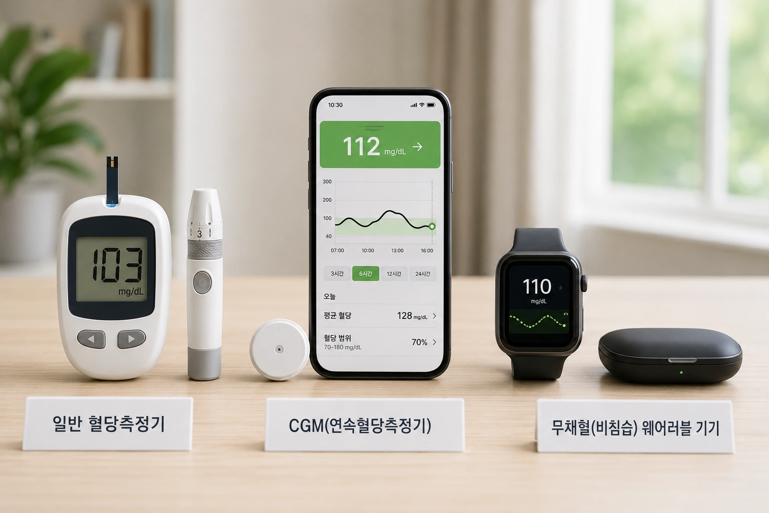일반 혈당측정기와 연속혈당측정기(CGM)&amp;#44; 웨어러블 기기를 비교한 모습