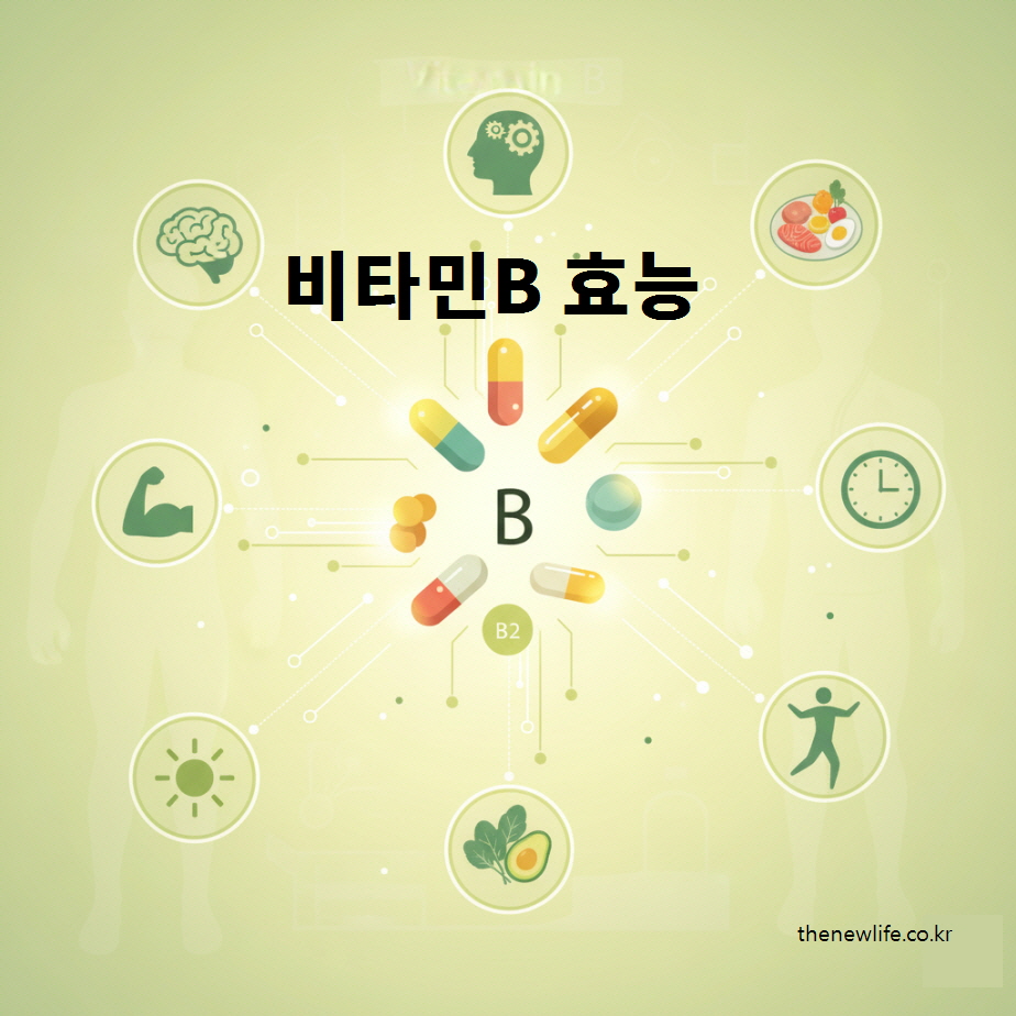 비타민B 효능을 시각적으로 표현한 인포그래픽 &ndash; 에너지 대사, 피로 회복, 신경 건강, 면역 기능 강화 등 주요 역할을 보여 주는 이미지.