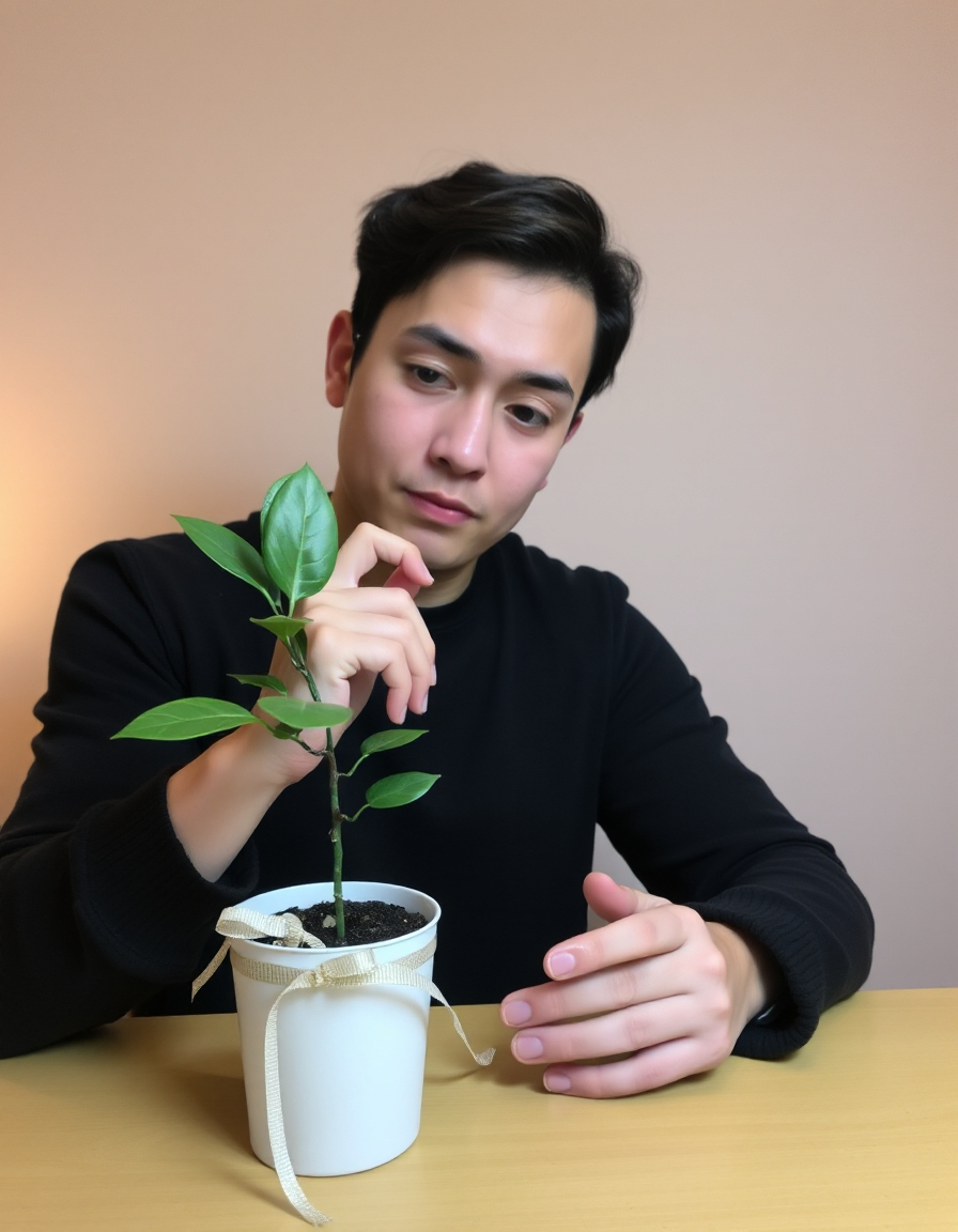 한 남자가 선물 받은 식물 화분을 살펴보는 모습