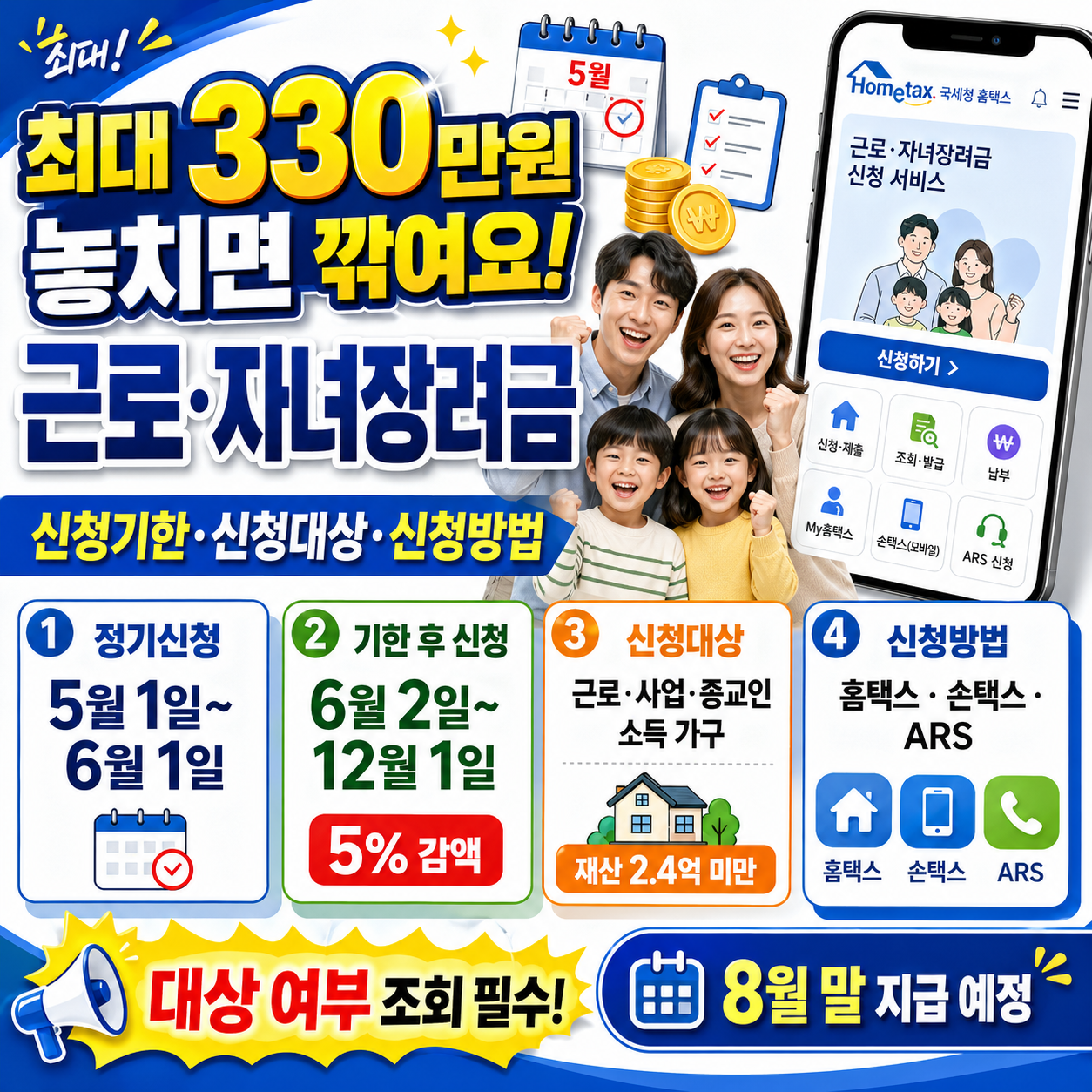 최대 330만원, 놓치면 깎여요&hellip;근로&middot;자녀장려금 신청기한,신청대상,신청방법
