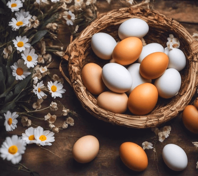 짚으로 엮은 둥근 그릇에 황색 달걀과 하얀색 달걀들이 가득하다. 왼쪽엔 하얀 꽃들이 있다.
