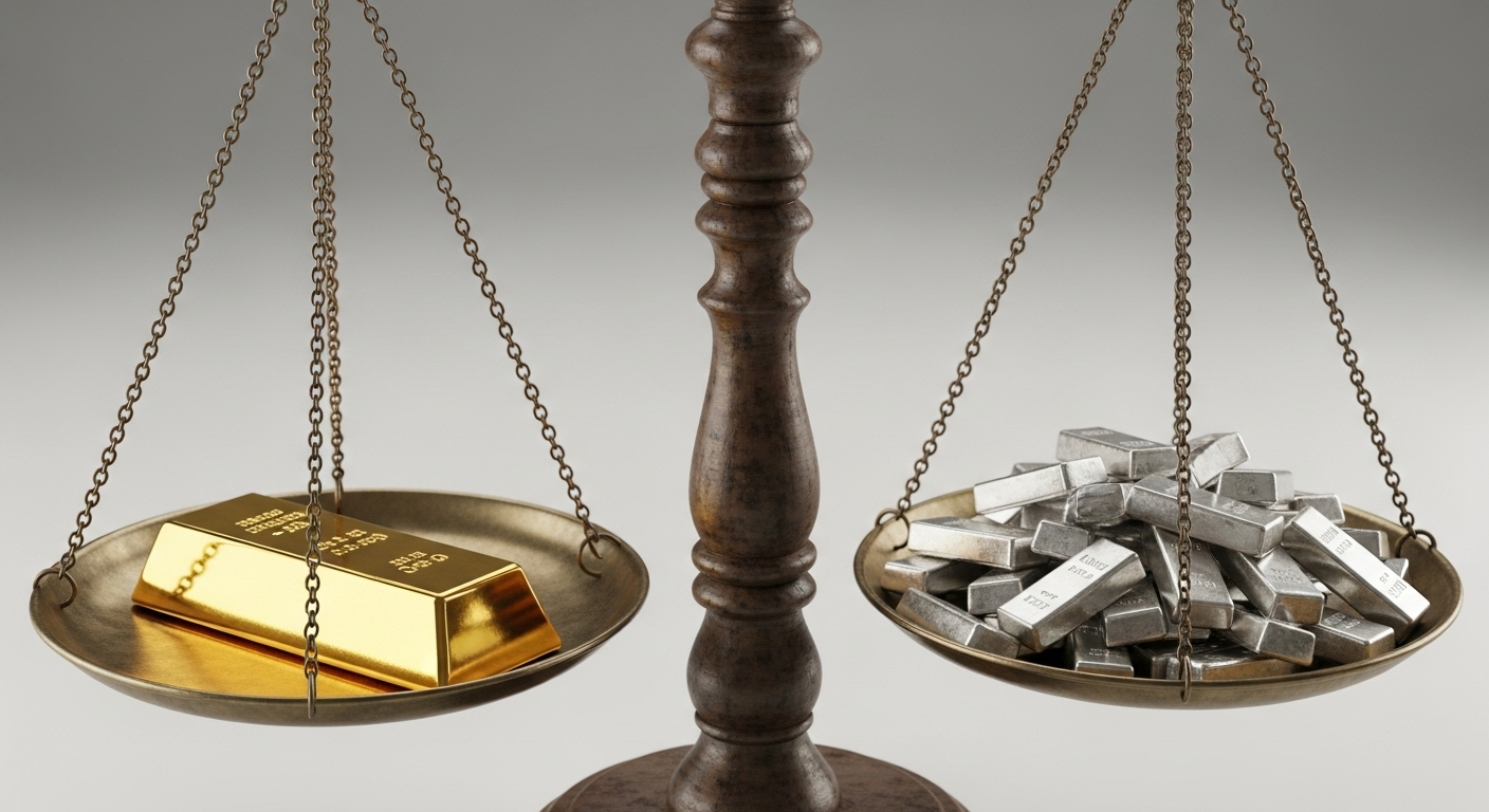금과 은이 저울에 놓여 있는데, 은 쪽으로 기울어져 균형을 잡으려는 역동적인 이미지