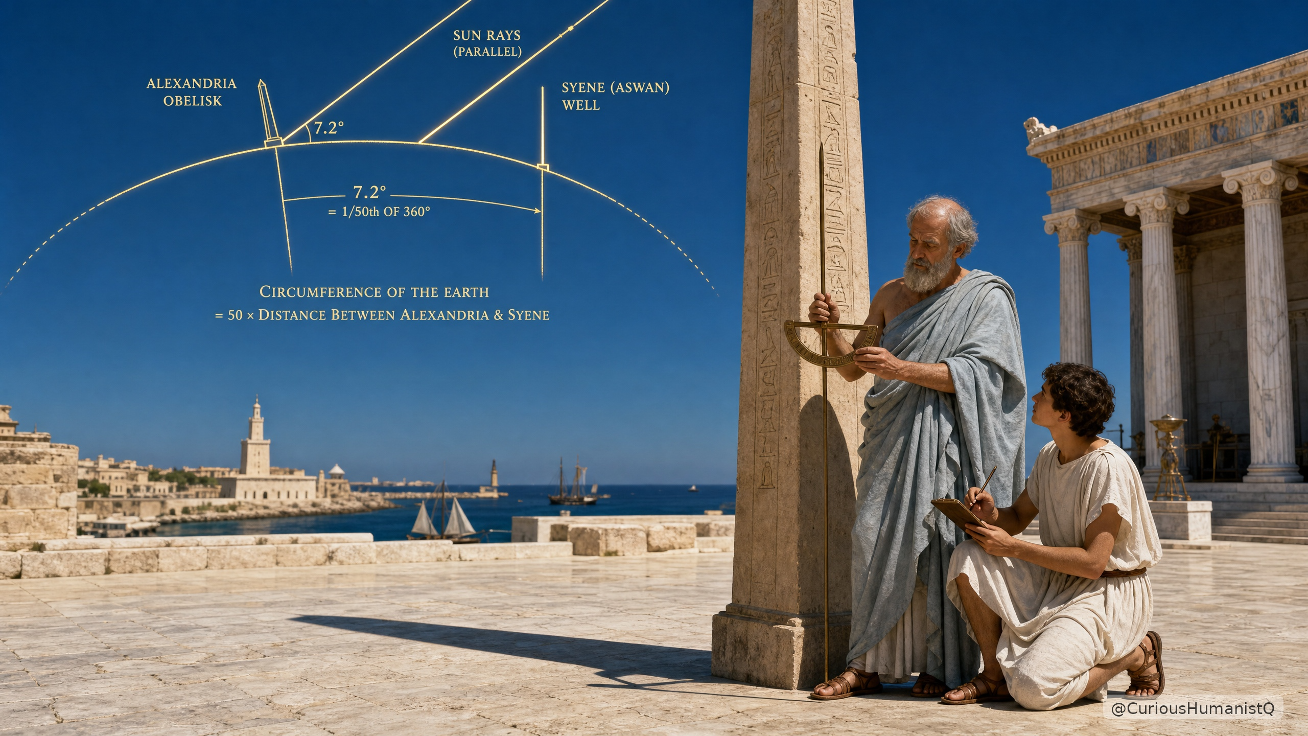 A cinematic photorealistic historical scene depicting the Greek scholar Eratosthenes (c. 276–194 BCE) measuring the circumference of the Earth in Alexandria, Egypt, at solar noon on the summer solstice, circa 240 BCE. On the right side of the composition, an elderly distinguished man with white hair and a short grey beard, wearing a pale blue-grey himation draped over one shoulder, stands beside a tall Egyptian obelisk inscribed with hieroglyphs, holding a large bronze graduated measuring arc in both hands and carefully reading the angle of the obelisk's shadow on the sun-bleached limestone courtyard floor. Beside him, a young male assistant in a white chiton kneels on one knee, writing notations with a stylus on a wax tablet and looking up attentively. In the background, a Hellenistic marble temple colonnade is visible on the right, and the Alexandria harbor with the Pharos Lighthouse and sailing vessels is visible in the middle distance under a deep cobalt-blue midday Mediterranean sky. In the upper left portion of the image, a luminous golden line-art scientific diagram overlaid against the blue sky illustrates the geometric principle of Eratosthenes' measurement: two labeled points — 'Alexandria Obelisk' on the left and 'Syene (Aswan) Well' on the right — connected by an arc representing the Earth's curved surface, with two parallel sun rays arriving from the upper right, one striking the obelisk at an angle labeled '7.2°' and the other falling vertically into the Syene well. A horizontal annotation reads '7.2° = 1/50th of 360°' and below it: 'Circumference of the Earth = 50 × Distance Between Alexandria & Syene.' A dotted arc completes the implied circle of the Earth.