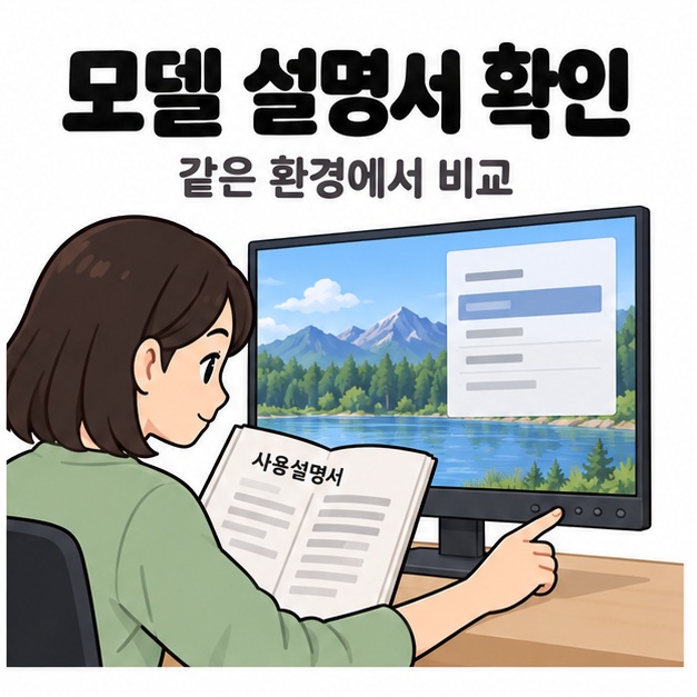 사용자가 사용설명서를 펼쳐 보며 모니터 아래의 조작 버튼을 누르는 모습