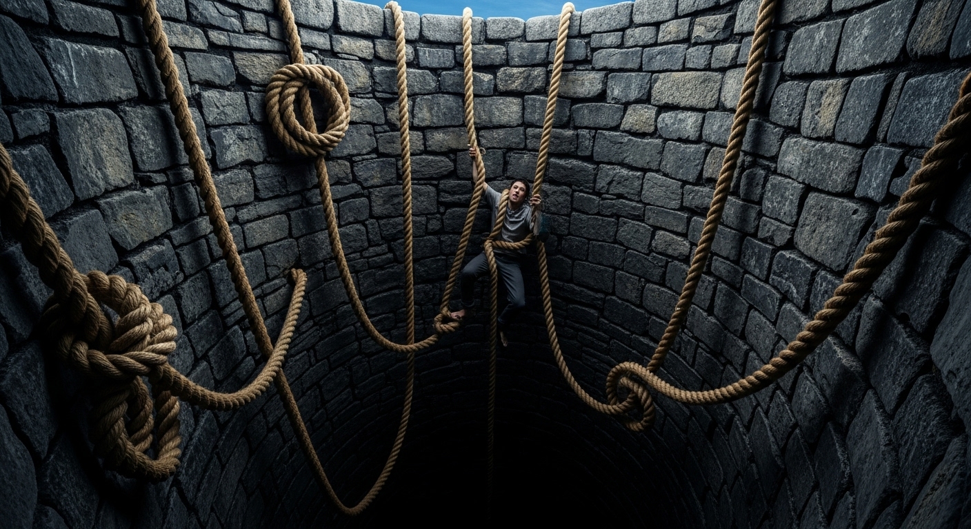 어두운 우물에서 벗어나려 하지만 반복되는 생각의 밧줄에 묶여 다시 끌려 내려가는 사람