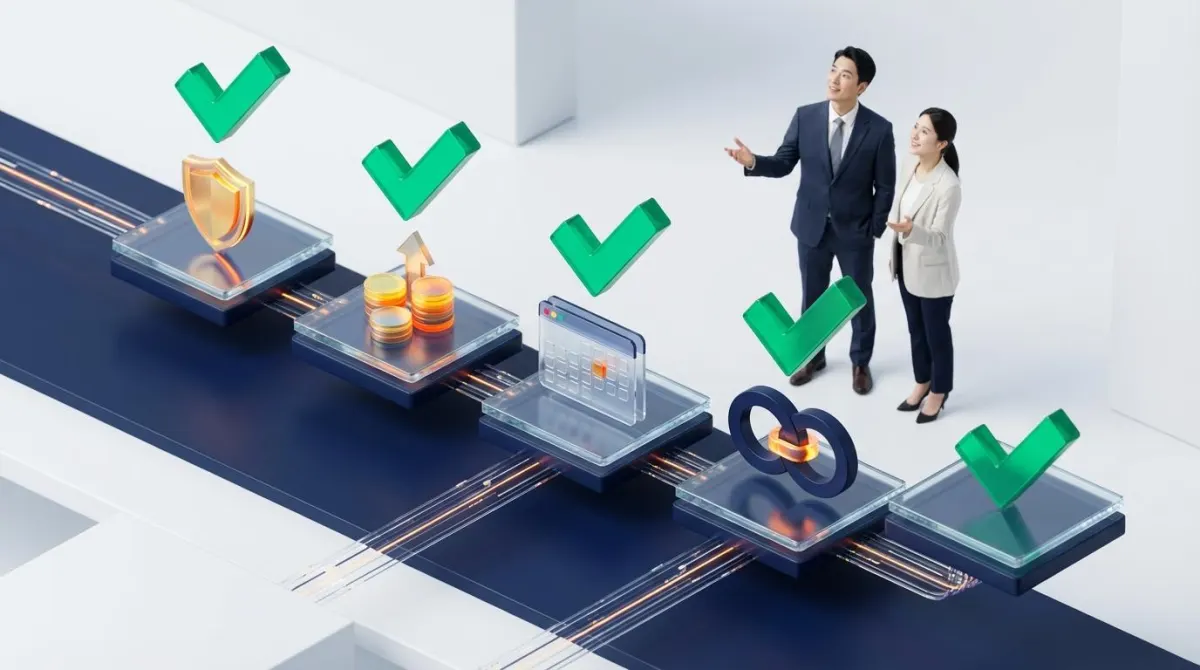 2026년 육아휴직 급여 신청 전 필수 체크리스트를 시각화한 3D 입체 인포그래픽 이미지. 고용보험, 통상임금, 신청 기간 등을 상징하는 아이콘과 체크표시가 배열되어 있음