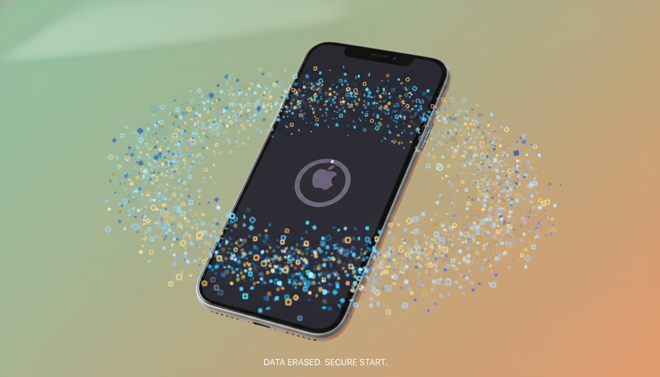 안전하게 공장 초기화되어 데이터가 완전히 지워진 아이폰의 모습. 개인 정보 보안과 중고 거래의 신뢰성을 상징합니다.