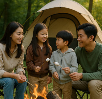 가족이 모여 캠핑장에서 마쉬멜로우 구워 먹는 모습