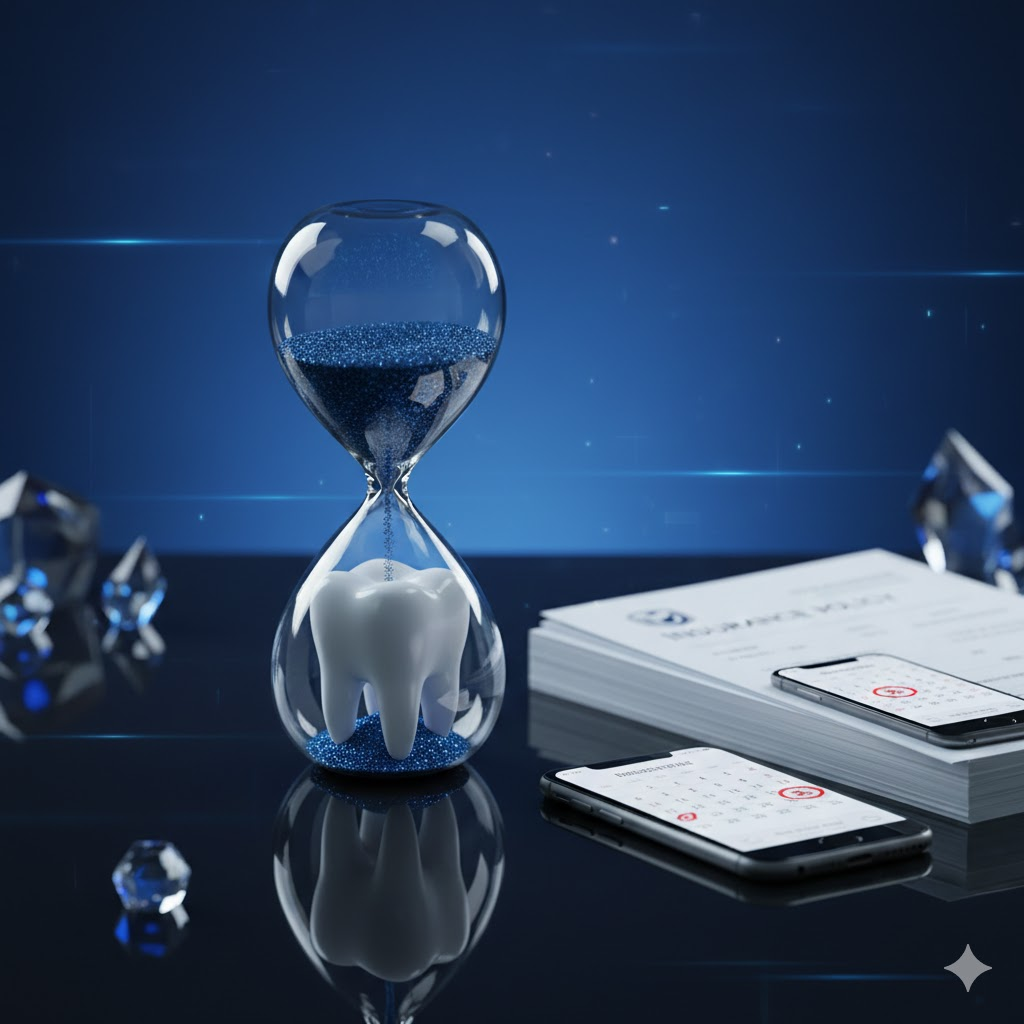 모래시계 안에 치아 모형이 들어 있고, 그 옆으로 보험 증권이 놓여 있는 시각적 연출