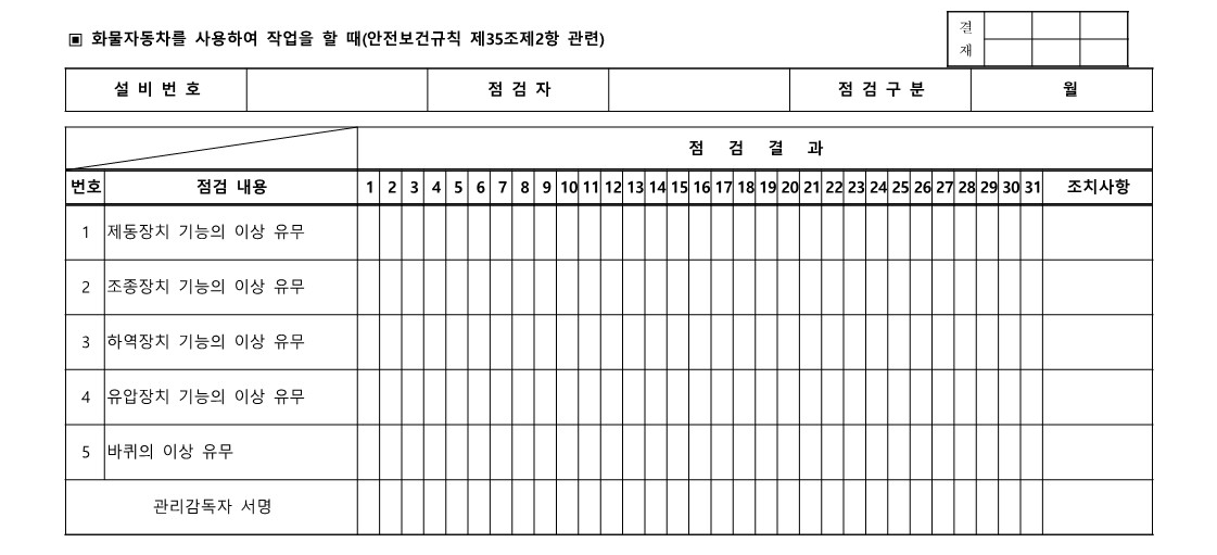화물자동차 작업시작 전 점검표