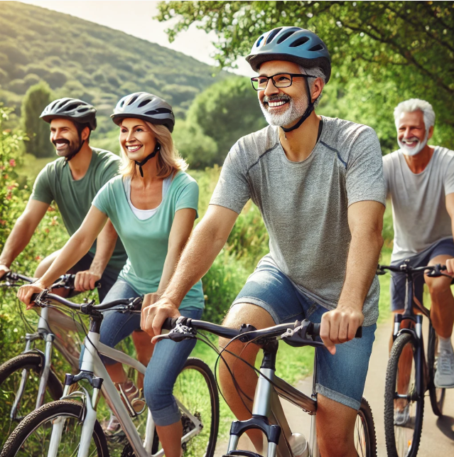 관절 건강을 위해 자전거를 타는 중년의 사람들