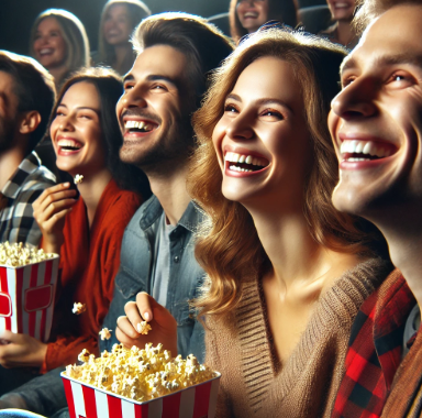 사람들이 재밌게 영화보고 있는 사진