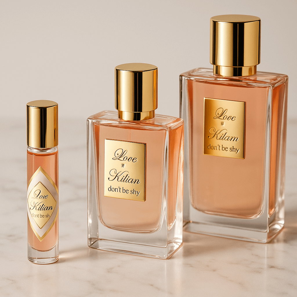 흰 대리석 테이블 위에서 7.5 ml 슬림 실린더, 50 ml 직사각 보틀, 100 ml 대형 보틀이 삼각형 구도로 배치돼 있으며, 코랄 핑크 액체와 금색 캡·플라크가 소프트 박스 조명 아래 고급스럽게 빛나는 향수 광고 스타일 사진