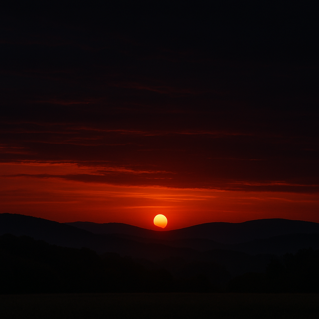 저녁 산능선 위로 붉게 가라앉는 노을과 어둠이 맞물리는 순간의 풍경
