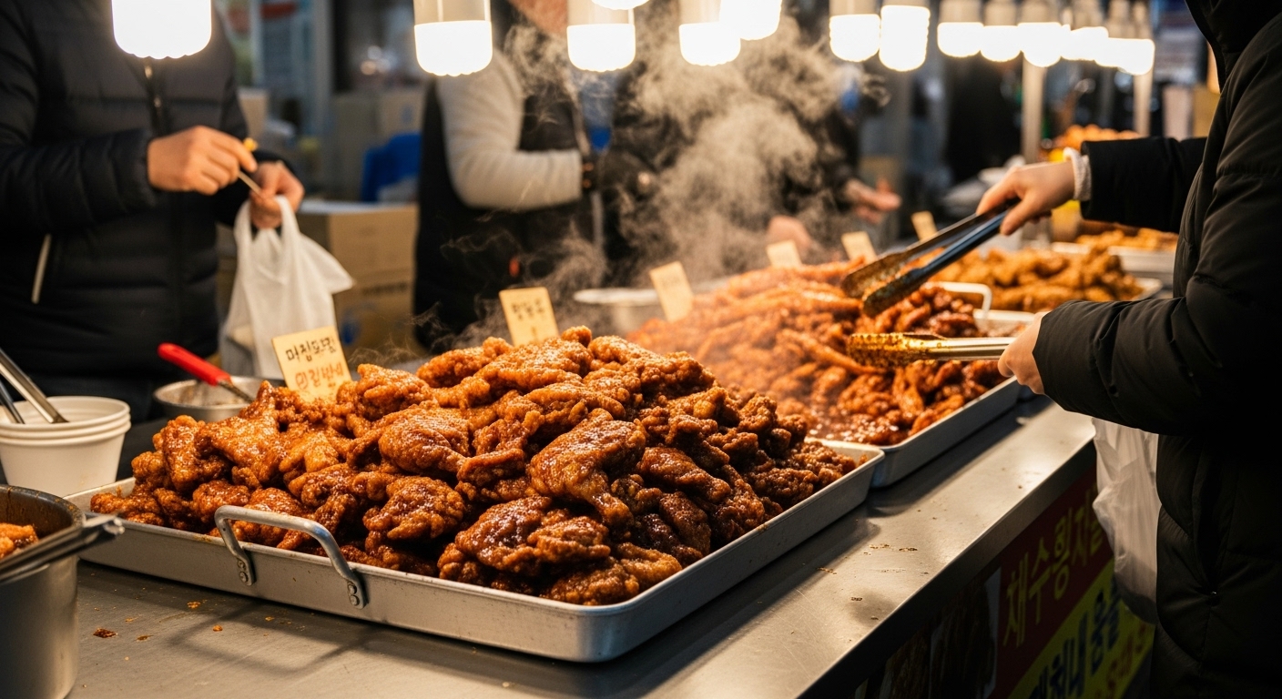 Sokcho's specialty, delicious Dakgangjeong (sweet crispy chicken) from the Jungang Market.