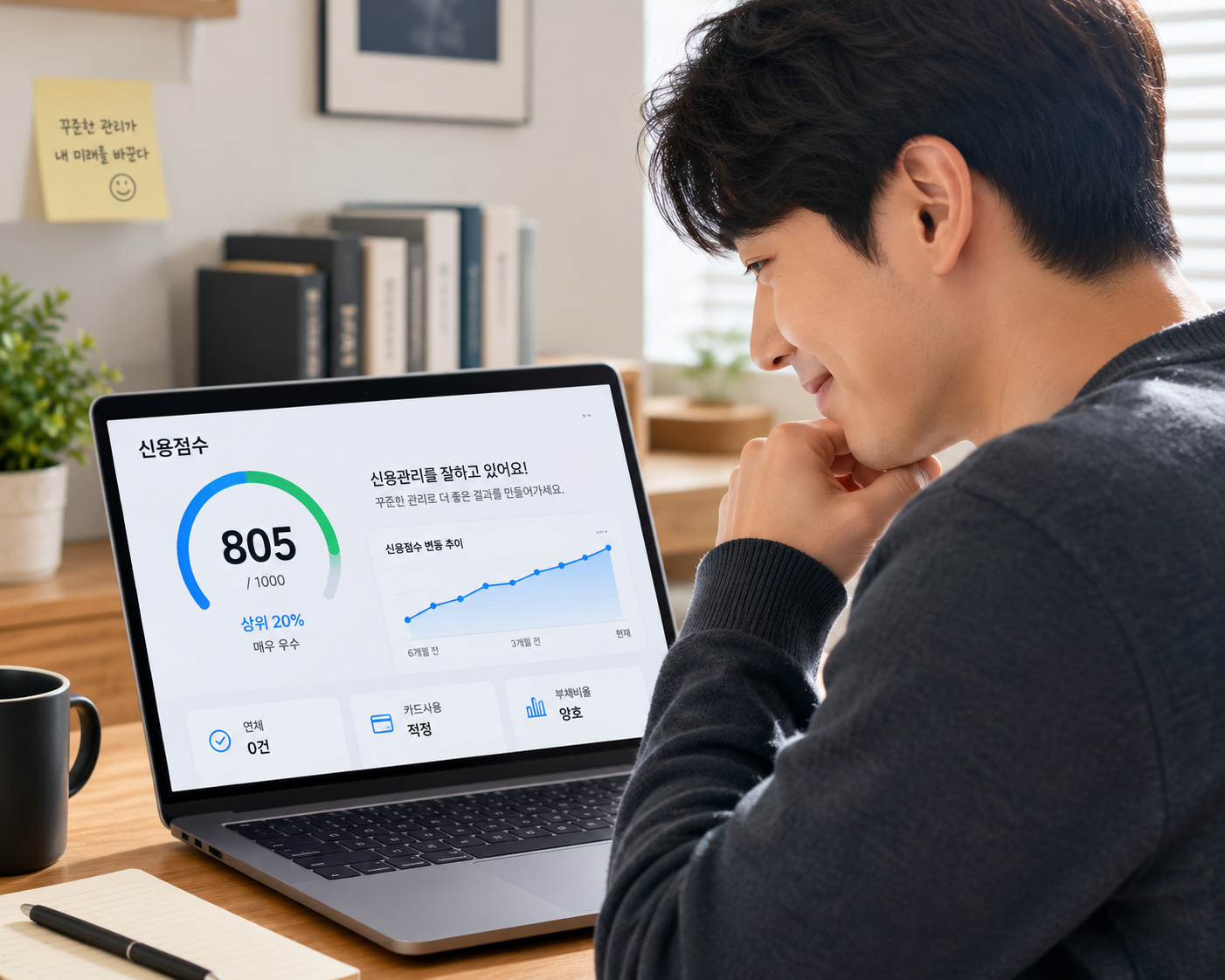노트북 화면으로 자신의 신용점수 그래프를 확인하며 미소 짓고 있는 직장인의 모습