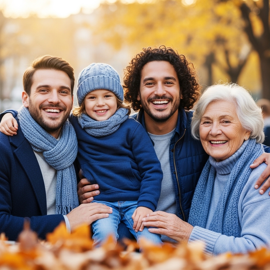 2025년 가을, 따뜻한 클래식 블루 계열의 옷을 입고 환하게 웃으며 건강하게 활동하는 젊은 부부, 아이, 그리고 할머니로 구성된 가족의 모습. 독감으로부터 안전하고 행복한 겨울을 보내는 모습을 상징합니다.