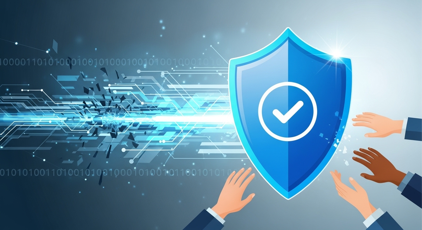 SKT 배상 조정안에 대한 이해를 돕는 개념 이미지. 파란색 보호막 뒤로 파편화된 데이터와 네트워크 라인이 보이며, 소비자들이 보호막을 향해 손을 뻗어 권리를 주장하는 모습을 형상화.