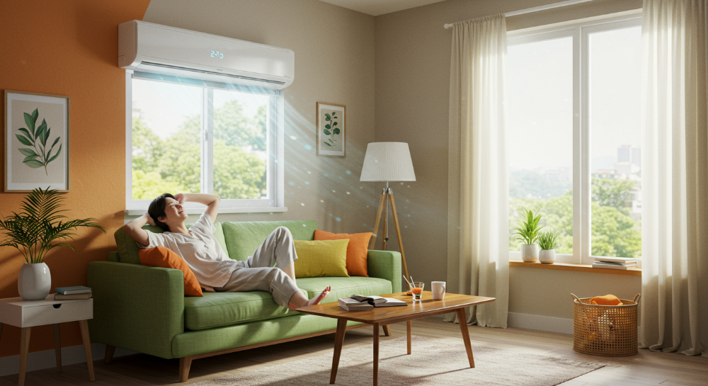 2025년 여름, 창문형 에어컨이 설치된 미니멀하고 아늑한 방에서 시원하게 휴식을 취하는 사람의 모습.
